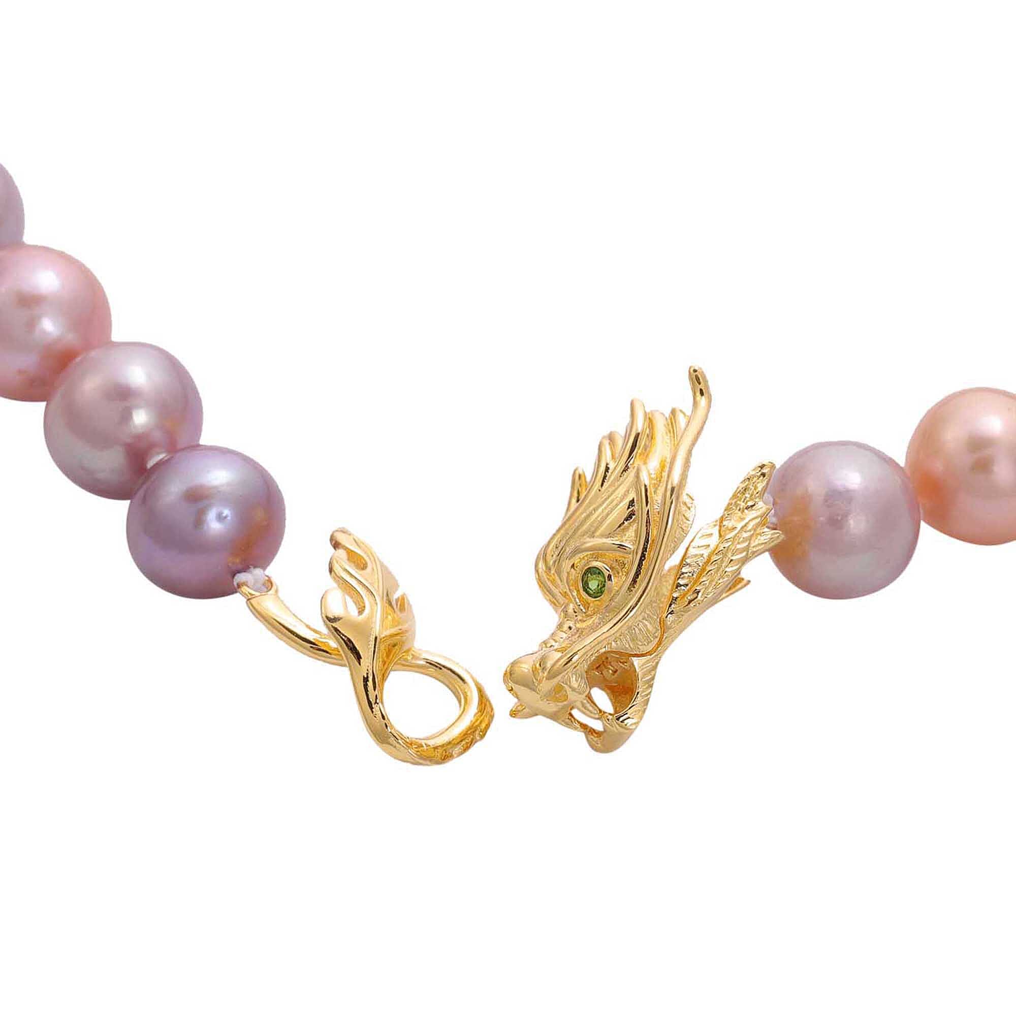 Multi Colour Edison Pearl and Chrome Diopside Necklace (Size20) with Dragon Lock in Yellow Gold Overlay Sterling Silver