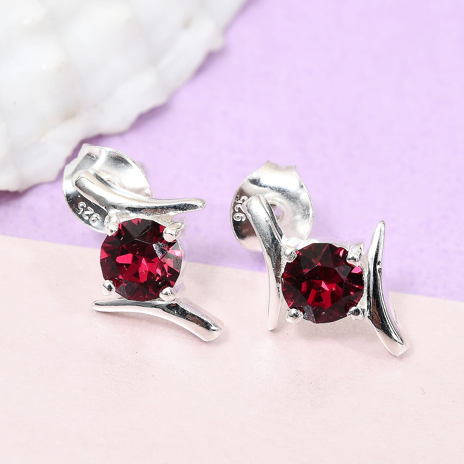 Lustro Stella  Ruby Colour Crystal Earrings in Sterling Silver