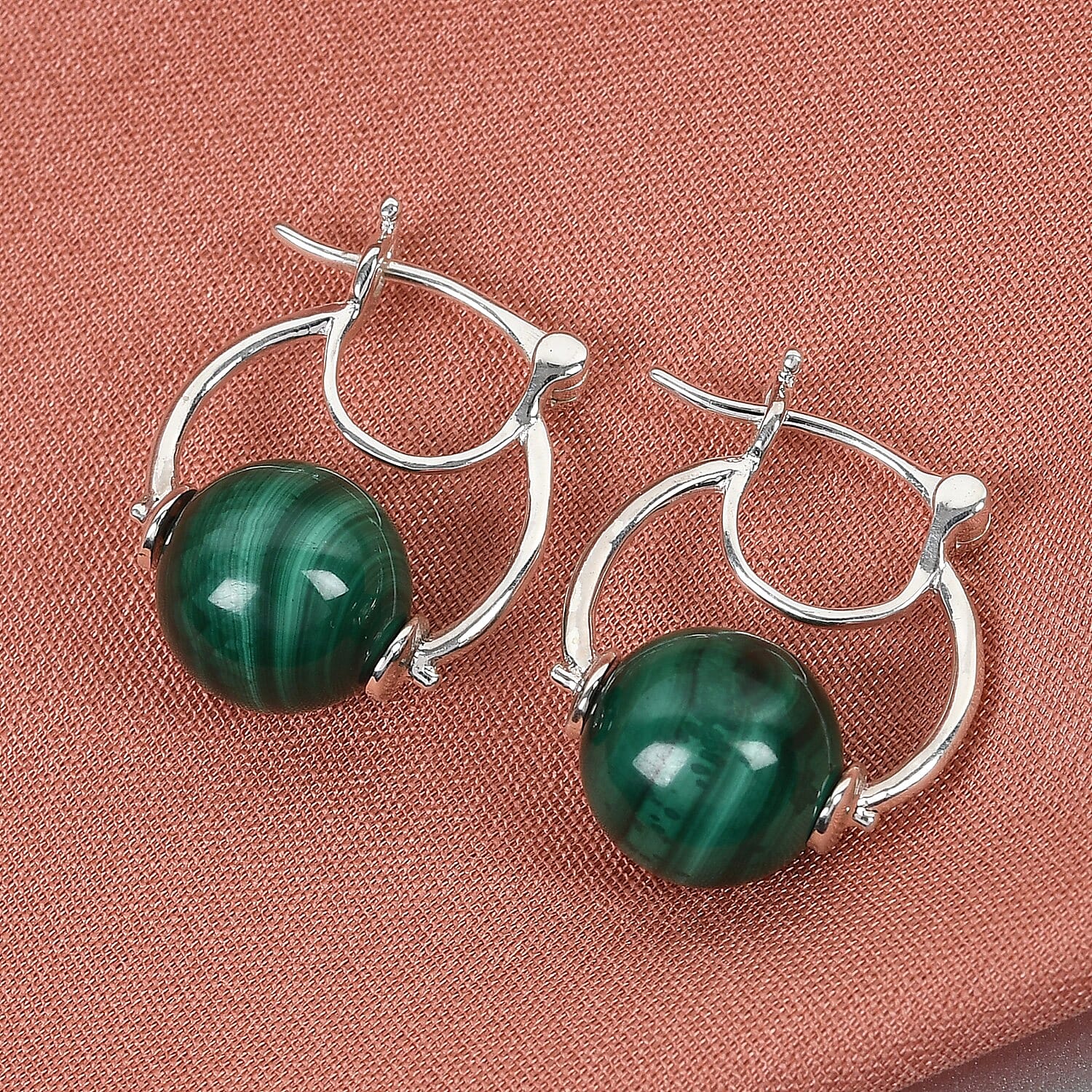 Malachite Hoop Earrings (with Clasp) in Sterling Silver 21.83 Ct