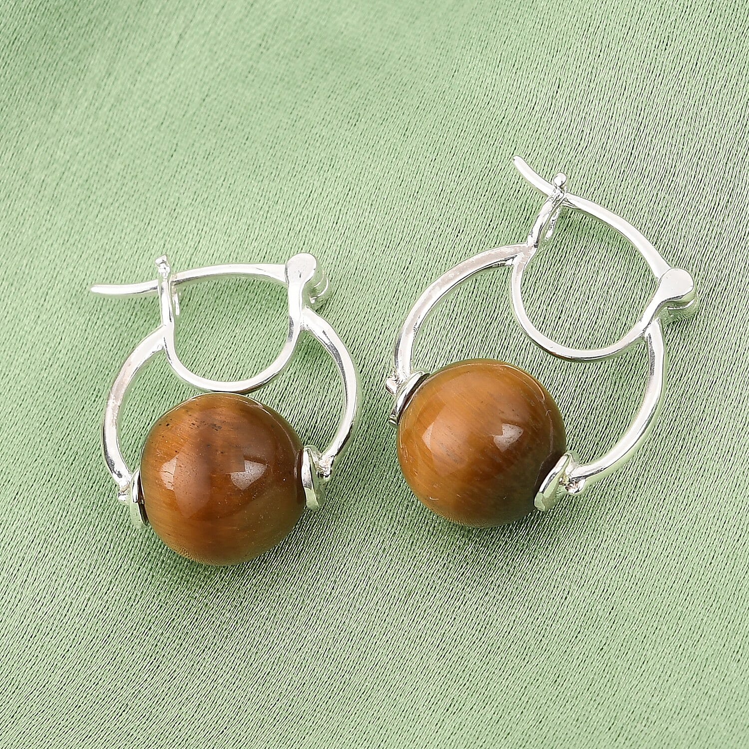 Tigers Eye Hoop Earrings (with Clasp) in Sterling Silver 15.27 Ct