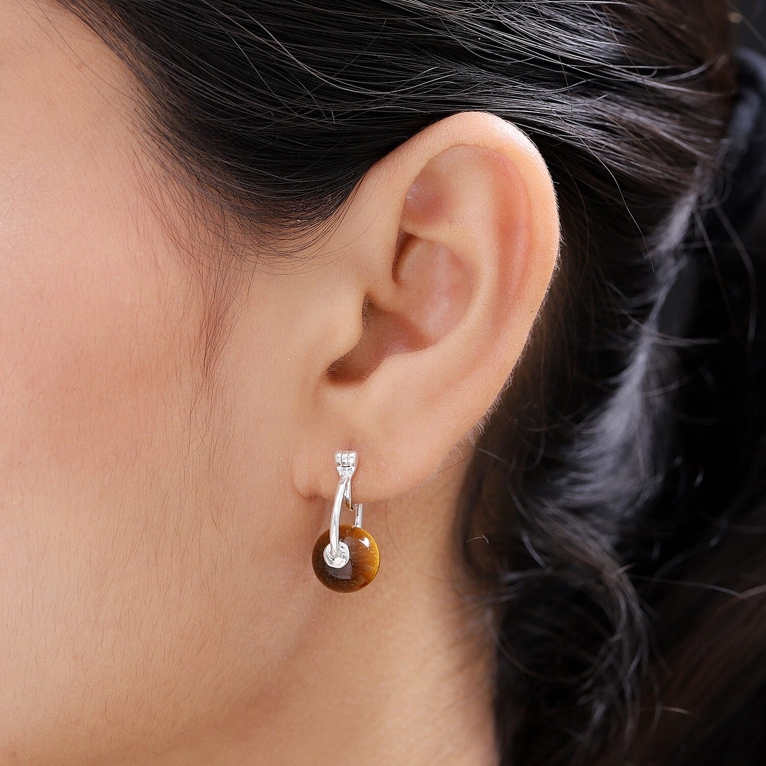Tigers Eye Hoop Earrings (with Clasp) in Sterling Silver 15.27 Ct