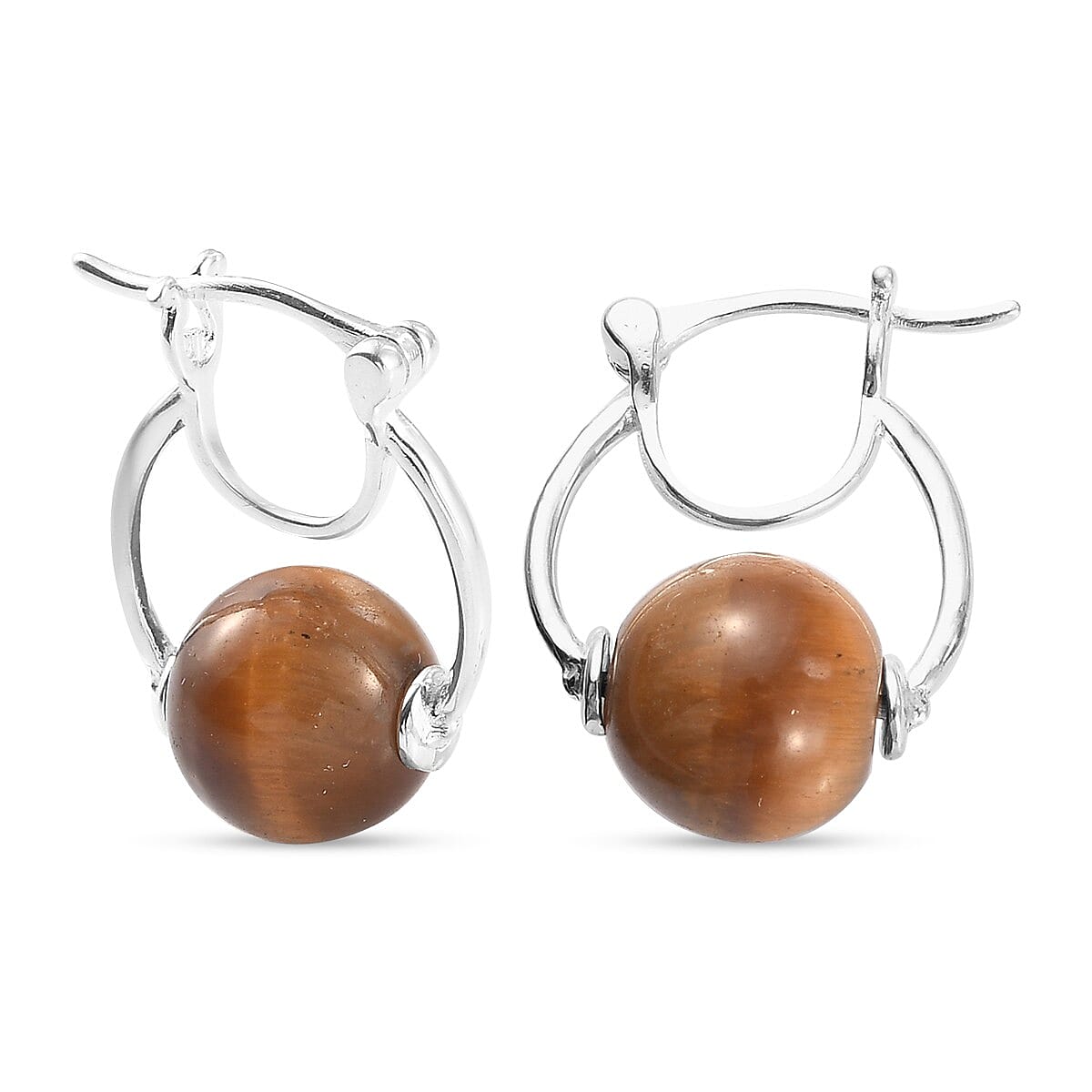Tigers Eye Hoop Earrings (with Clasp) in Sterling Silver 15.27 Ct
