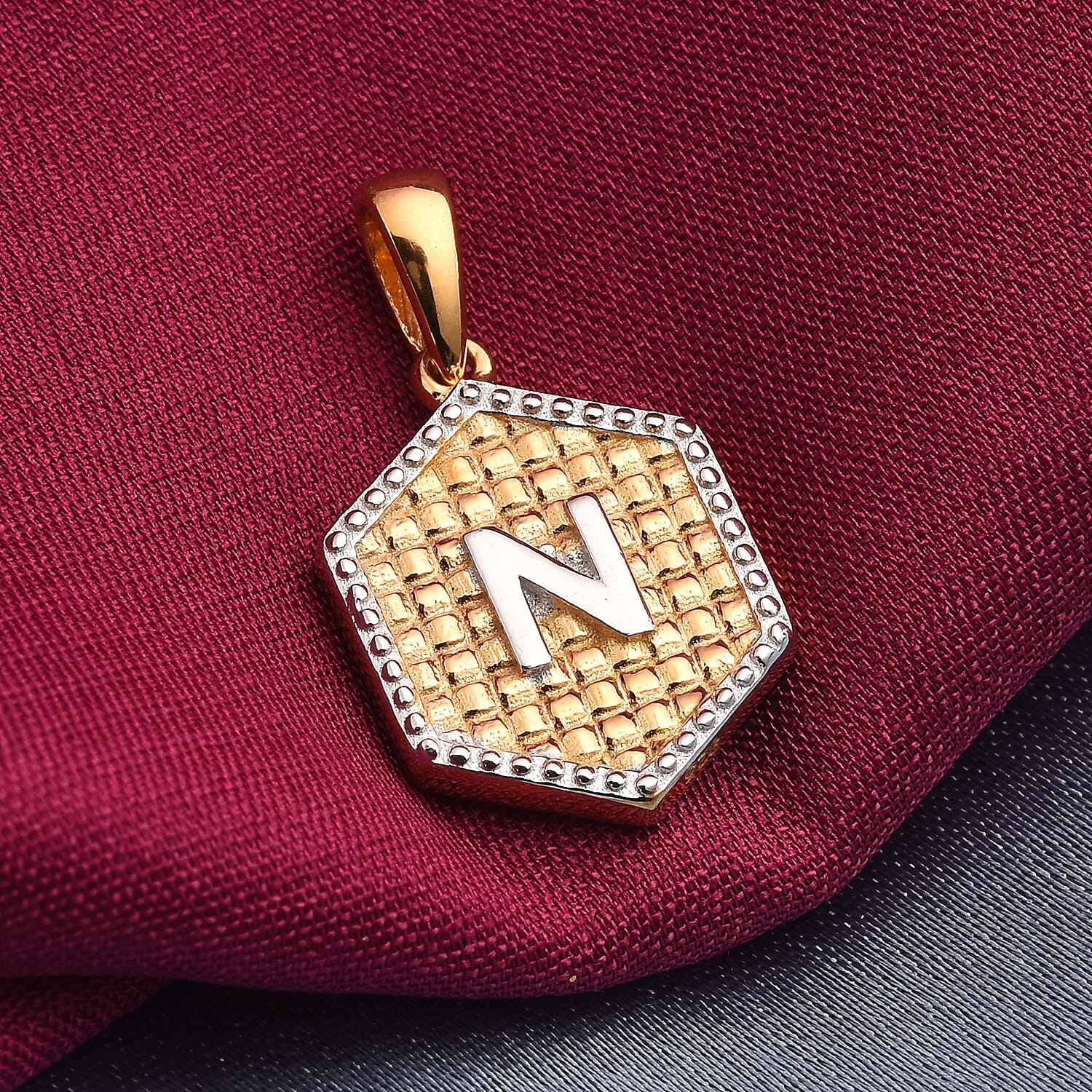 Yellow Gold and Platinum Overlay Sterling Silver Initial letter N Pendant