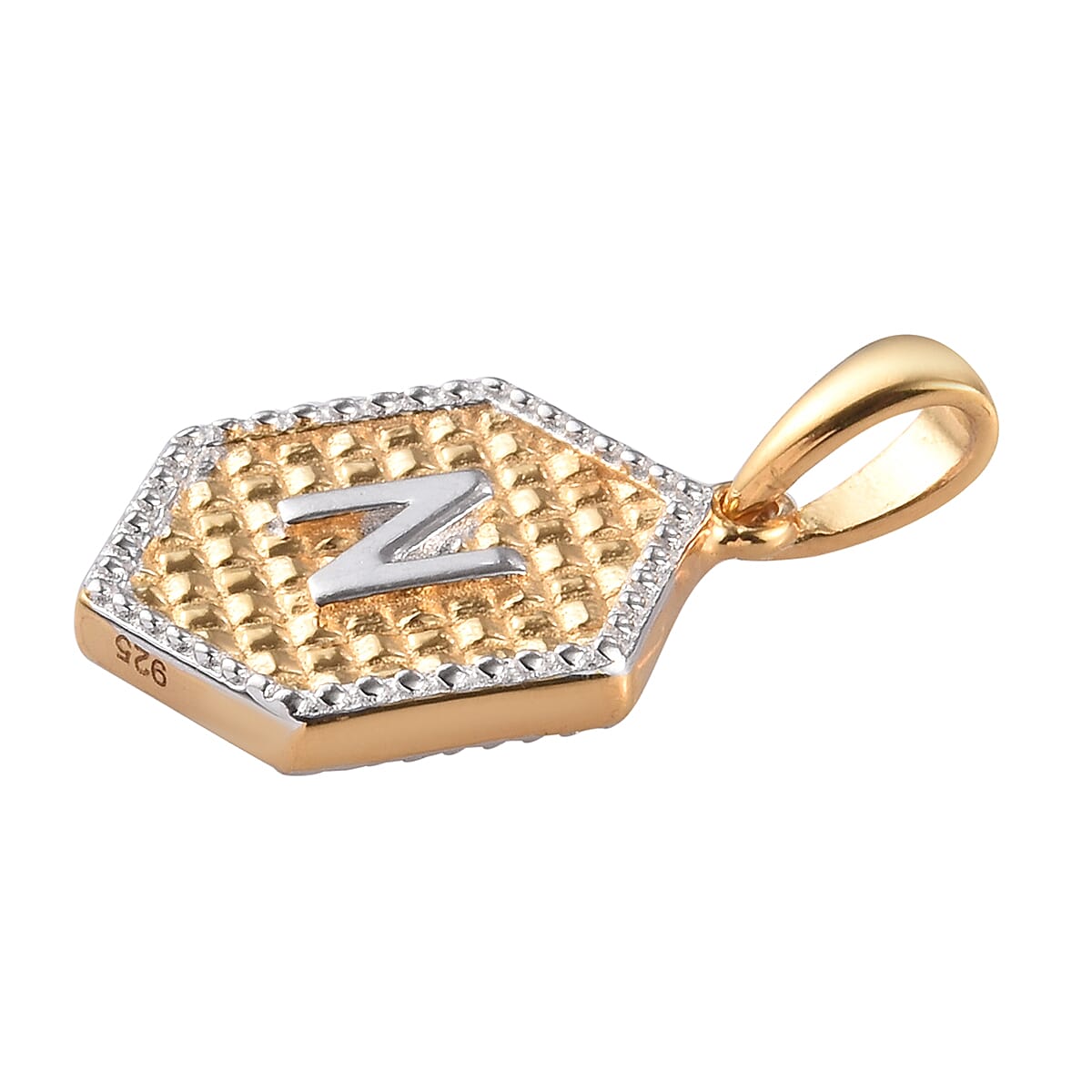 Yellow Gold and Platinum Overlay Sterling Silver Initial letter N Pendant
