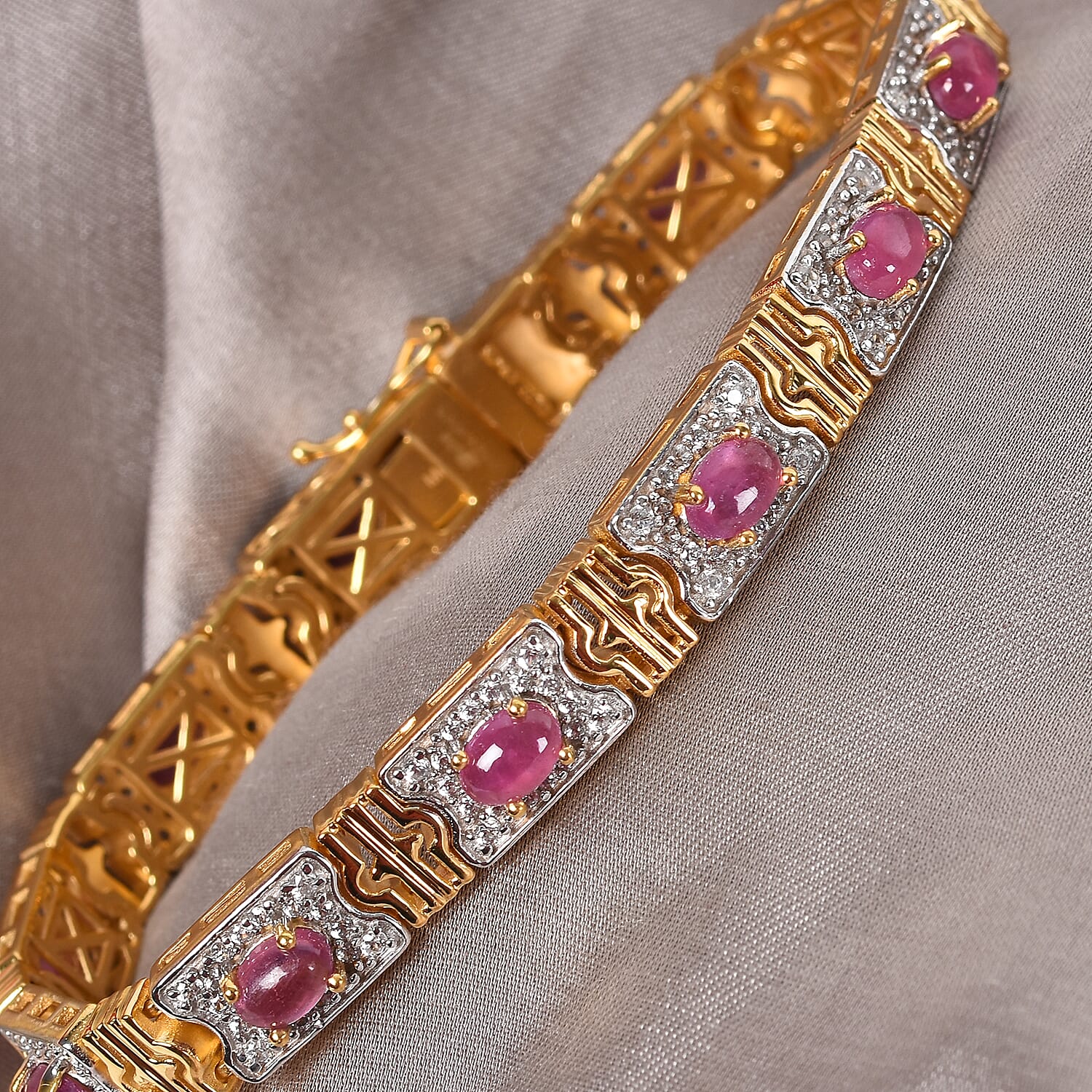Sundays Child - African Ruby & Natural Cambodian Zircon Bracelet (Size 7.5) in 14K Gold & Platinum Overlay Sterling Silver 11.50 Ct, Silver wt. 21.00 Gms.