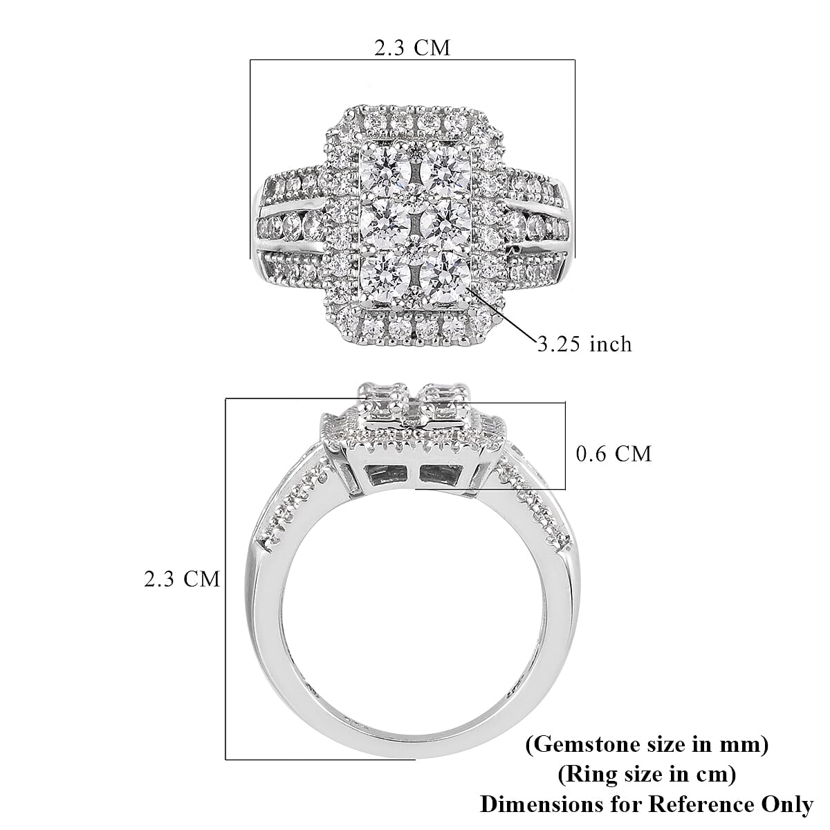 Lustro Stella Platinum Overlay Sterling Silver Cluster Ring Made with Finest CZ 3.41 Ct, Silver Wt. 5.92 Gms