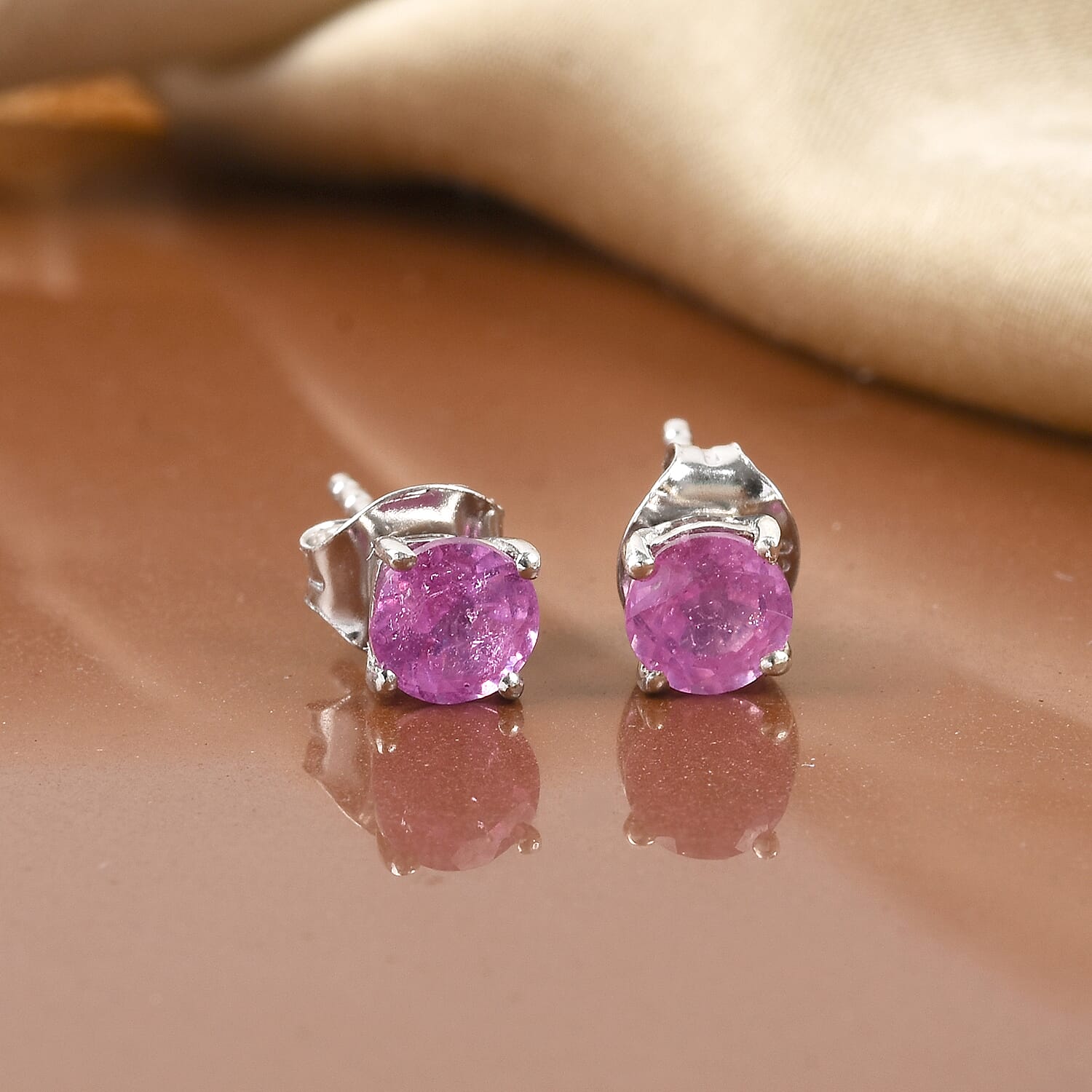 Hot Pink Sapphire Stud Earrings (with Push Back) in Platinum Overlay Sterling Silver 1.50 Ct.