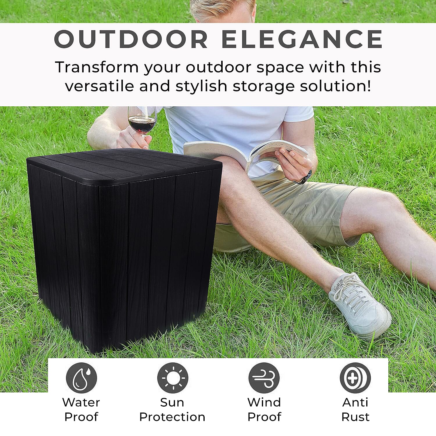 Garden Storage Table (Size 42x39x39 Cm- 43L) - UV Protected and Weather Resistance - Black