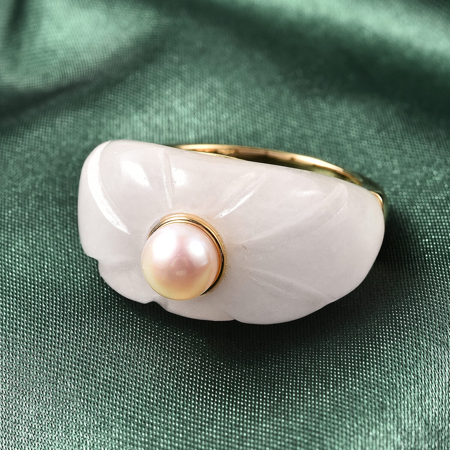 Japanese Akoya Pearl and White Jade Floral Ring in Yellow Gold Overlay Sterling Silver