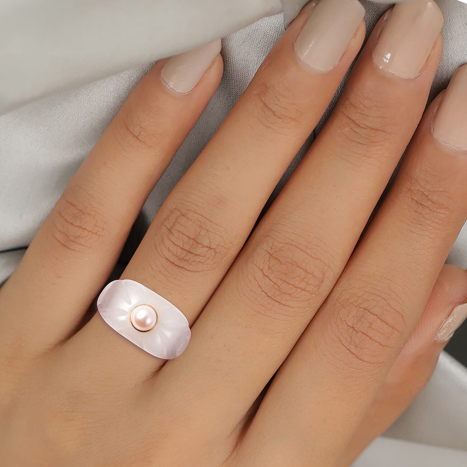 Japanese Akoya Pearl and White Jade Floral Ring in Yellow Gold Overlay Sterling Silver