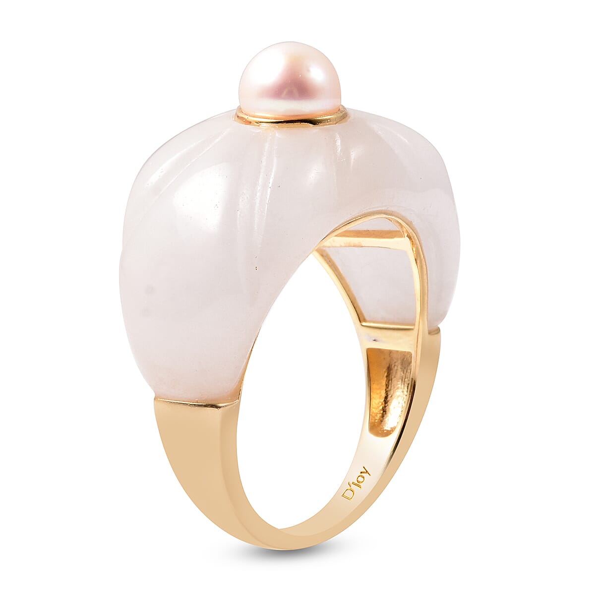 Japanese Akoya Pearl and White Jade Floral Ring in Yellow Gold Overlay Sterling Silver