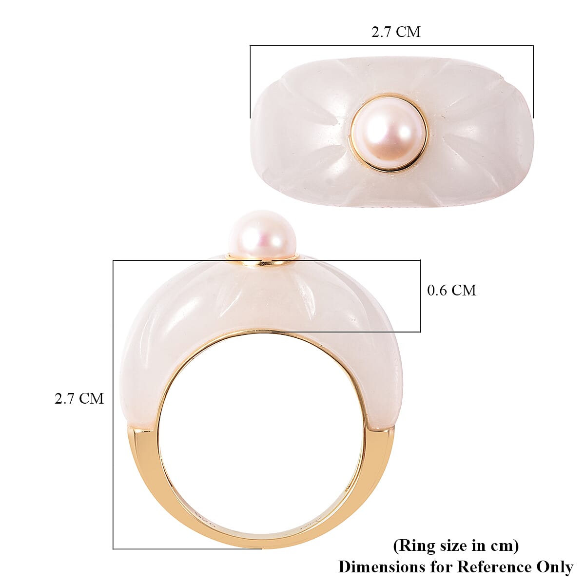 Japanese Akoya Pearl and White Jade Floral Ring in Yellow Gold Overlay Sterling Silver