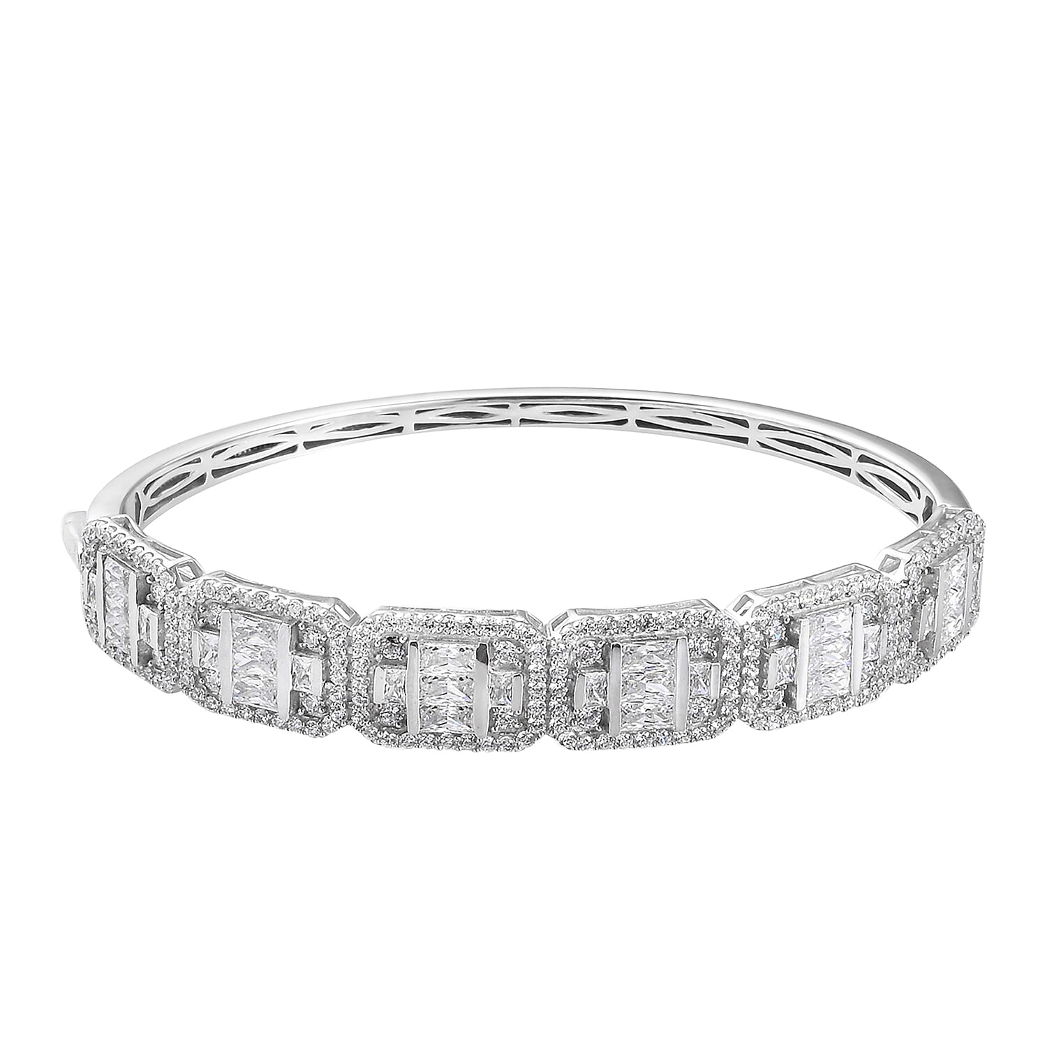 Lustro Stella Platinum Overlay Sterling Silver Bangle (Size 7.5) Made with Finest CZ 14.08 Ct, Silver wt. 21.50 Gms