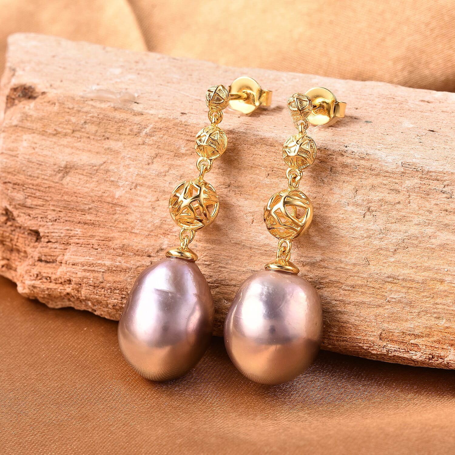 Multi Colour Edison Pearl Earrings (with Push Back) in Yellow Gold Overlay Sterling Silver