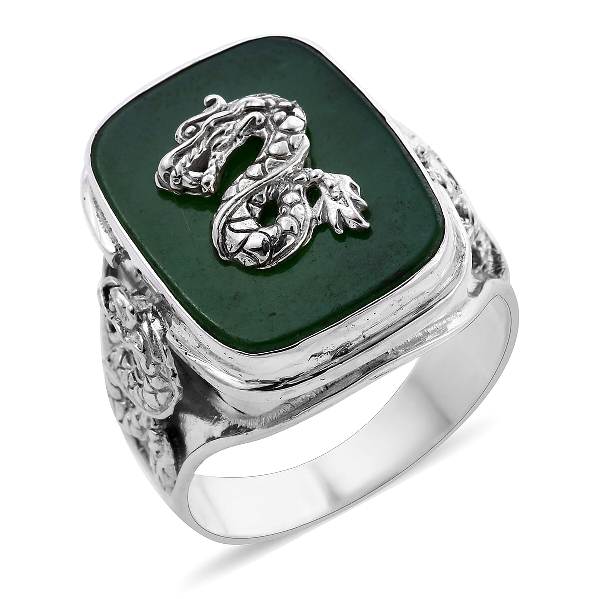 Royal Bali Collection - Green Jade Dragon Ring in Sterling Silver 12.25 Ct.