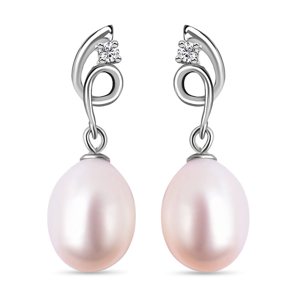 Freshwater White Pearl and Simulated Diamond Drop Earrings (with Push Back) in Rhodium Overlay Sterling Silver