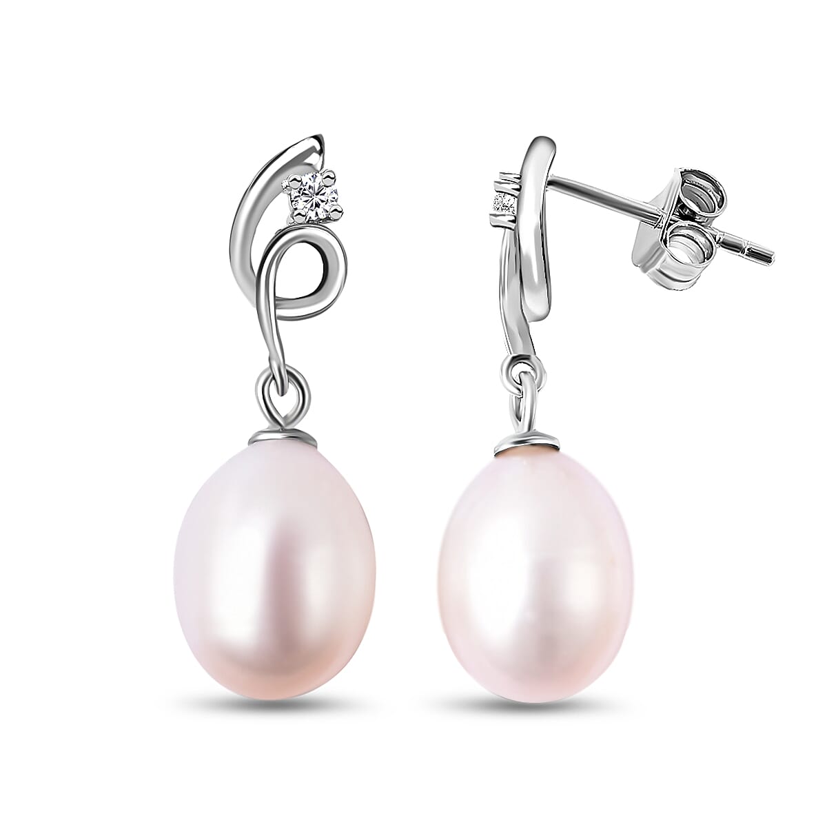 Freshwater White Pearl and Simulated Diamond Drop Earrings (with Push Back) in Rhodium Overlay Sterling Silver