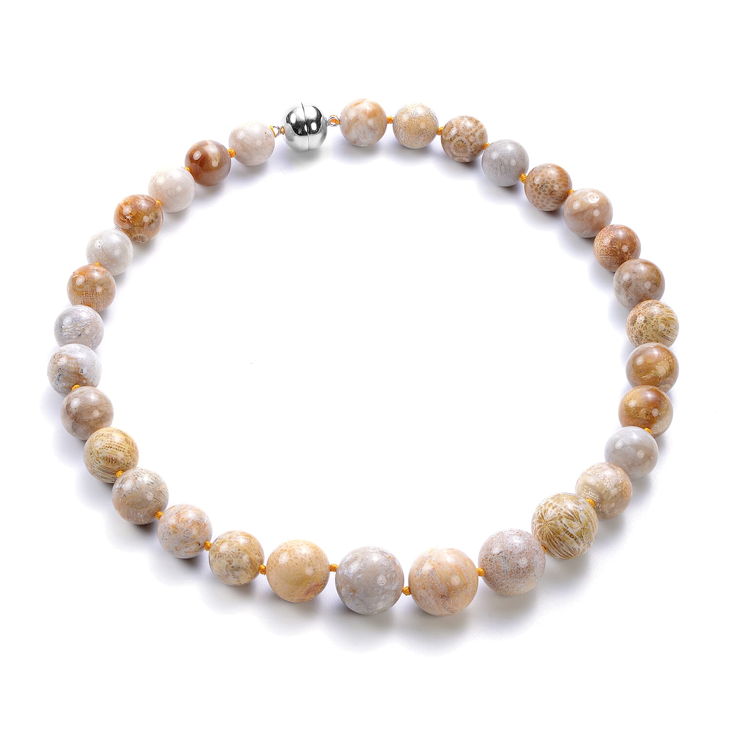 Fossil Coral Beads 12-19 Cabochon Cut Necklace (Size - 20) in Rhodium Overlay Sterling Silver 618.00 Ct.