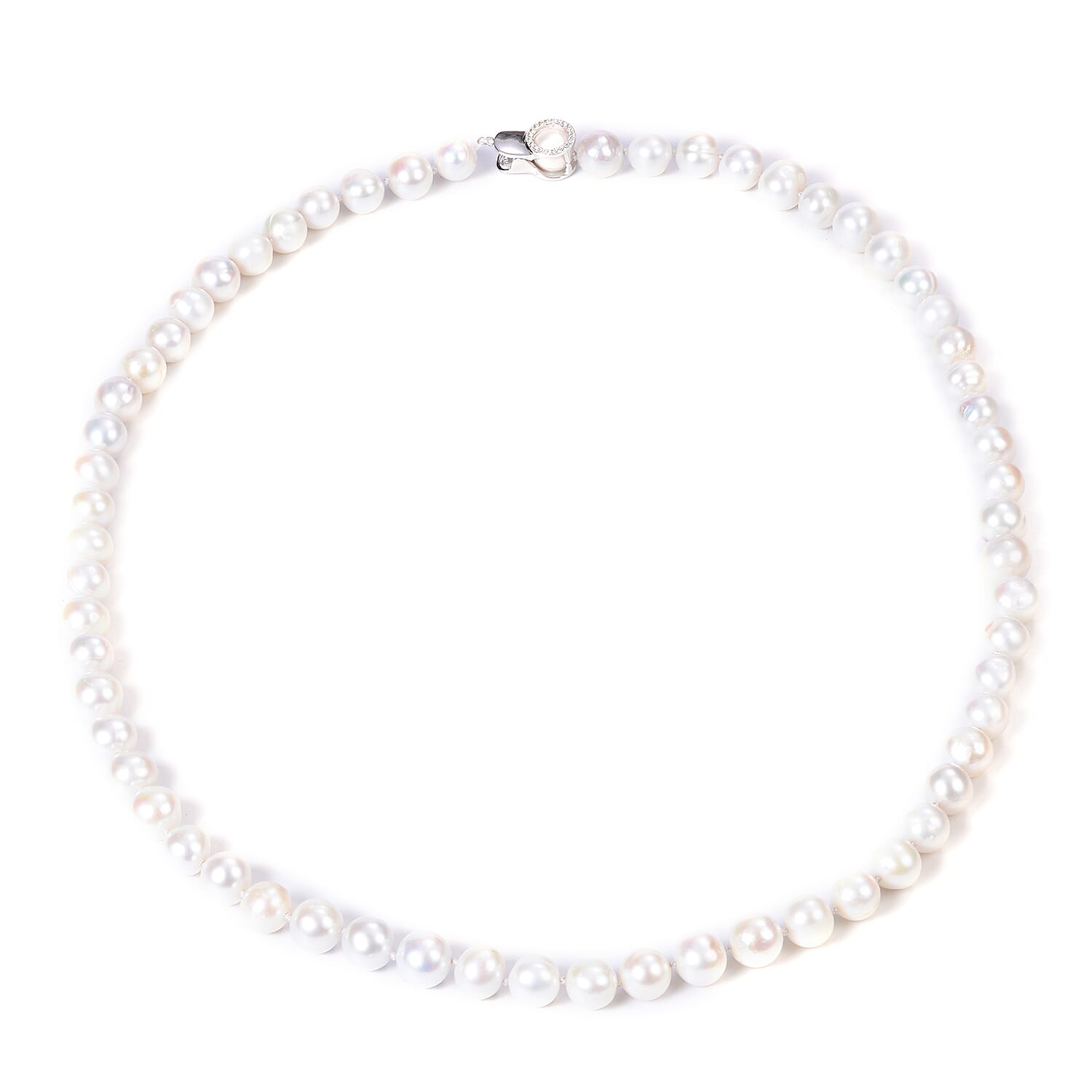 Designer Inspired- Freshwater White Pearl and Natural Cambodian Zircon Adjustable Necklace (Size 18-24) in Rhodium Overlay Sterling Silver