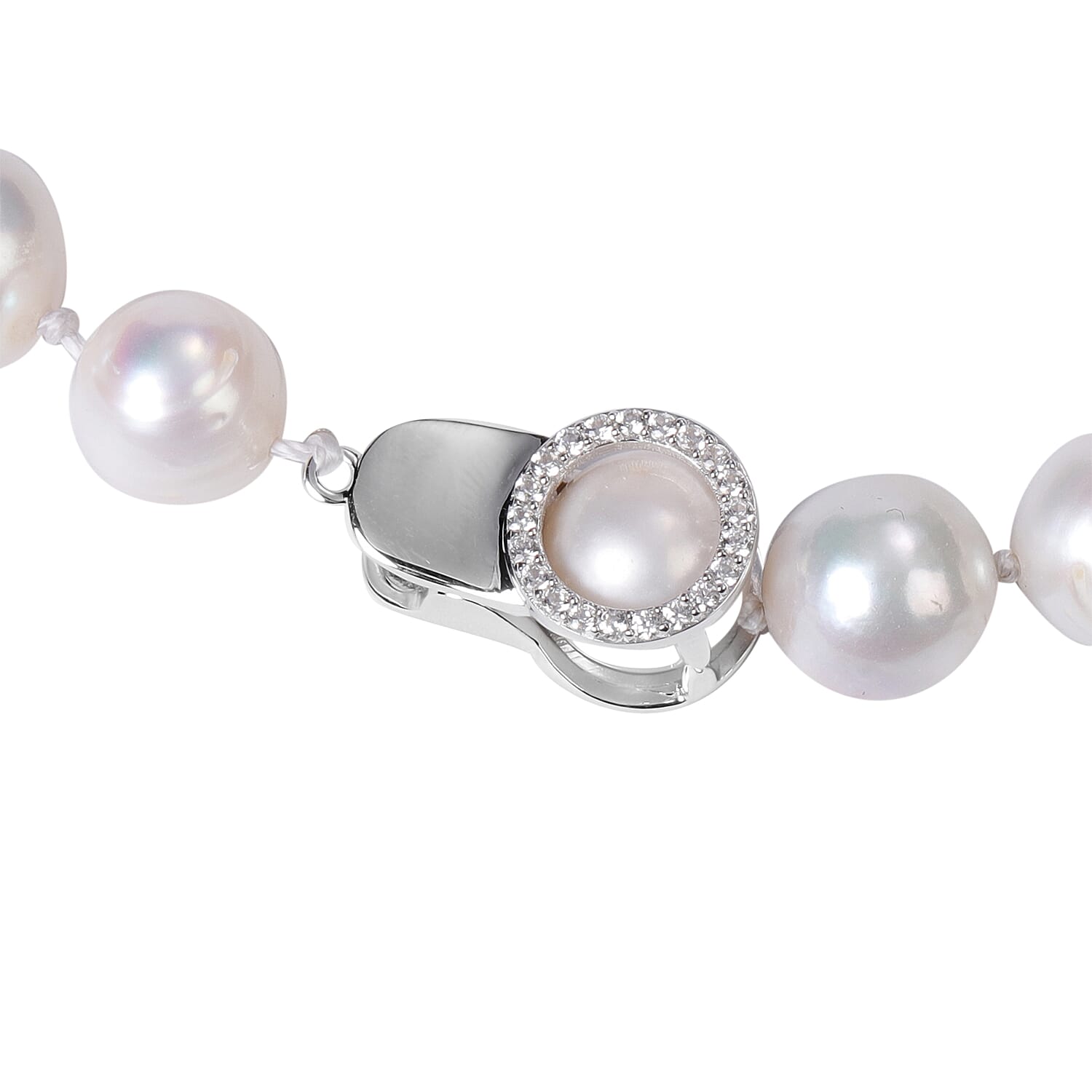 Designer Inspired- Freshwater White Pearl and Natural Cambodian Zircon Adjustable Necklace (Size 18-24) in Rhodium Overlay Sterling Silver