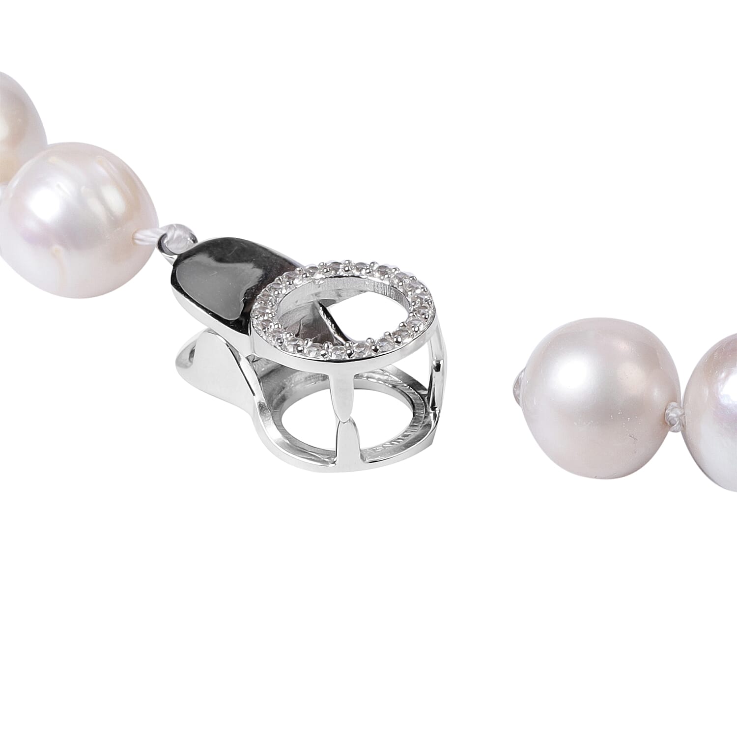 Designer Inspired- Freshwater White Pearl and Natural Cambodian Zircon Adjustable Necklace (Size 18-24) in Rhodium Overlay Sterling Silver