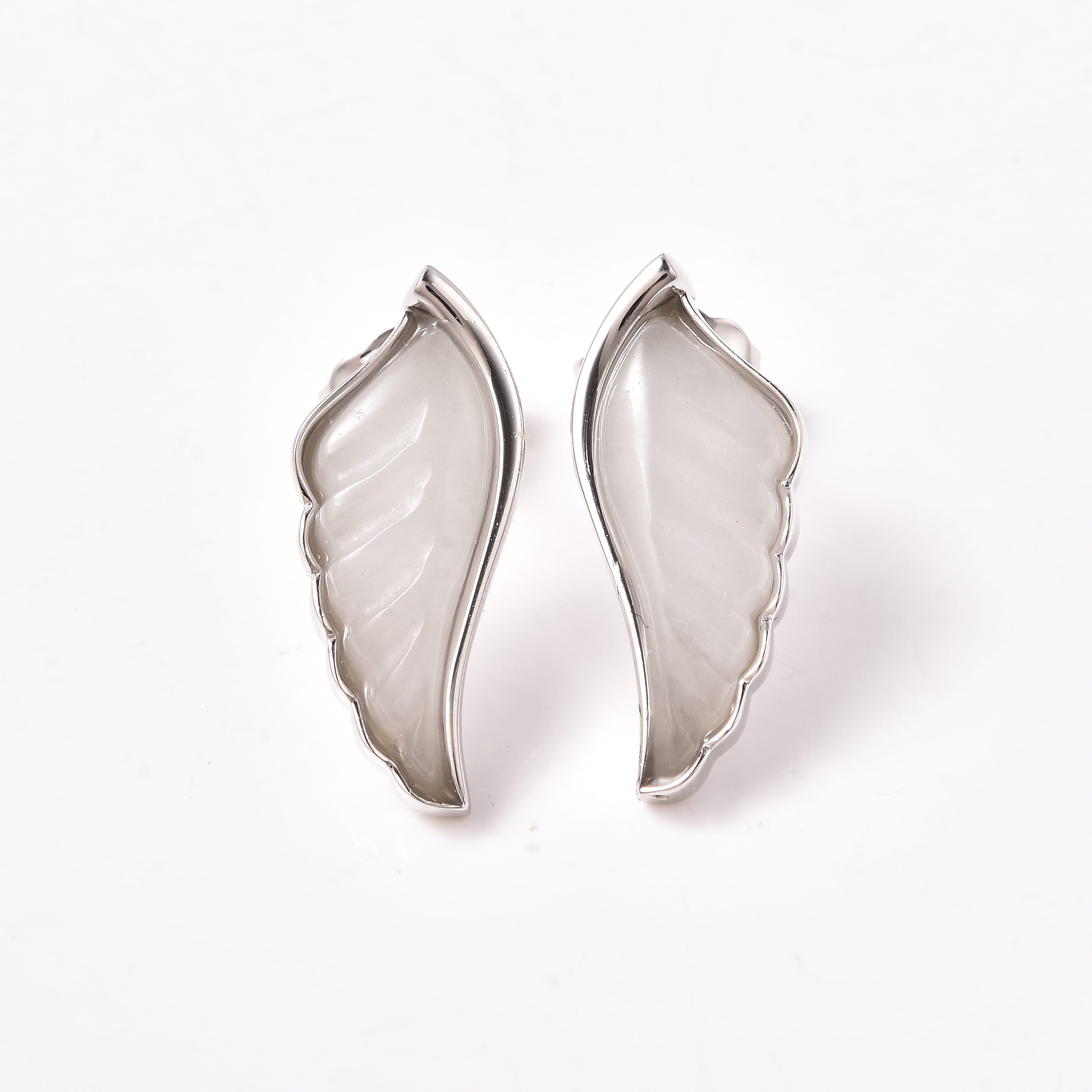 Isabella Liu Angel Wing Collection - Carved White Jade Earrings (with Push Back) in Rhodium Overlay Sterling Silver 6.86 Ct.