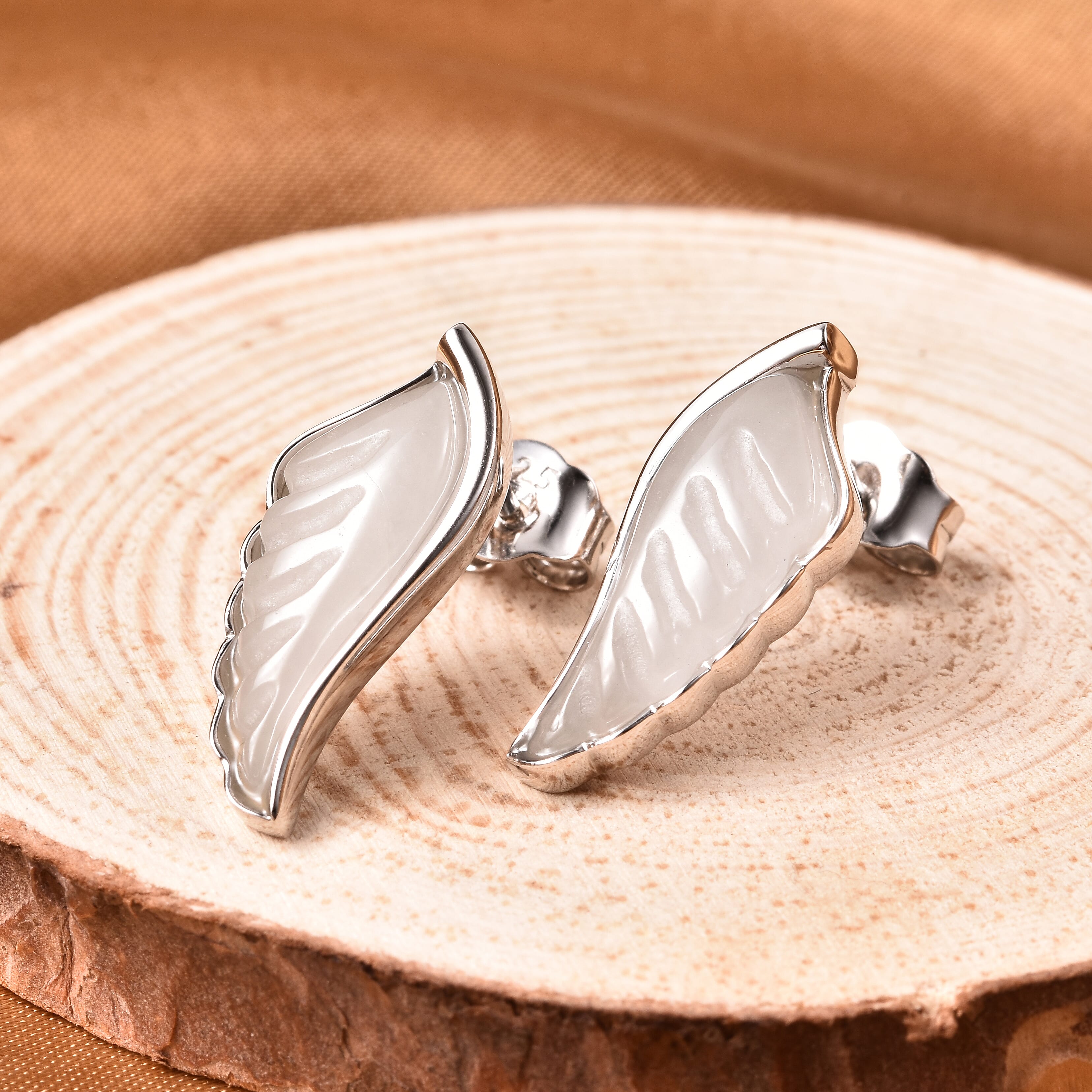 Isabella Liu Angel Wing Collection - Carved White Jade Earrings (with Push Back) in Rhodium Overlay Sterling Silver 6.86 Ct.
