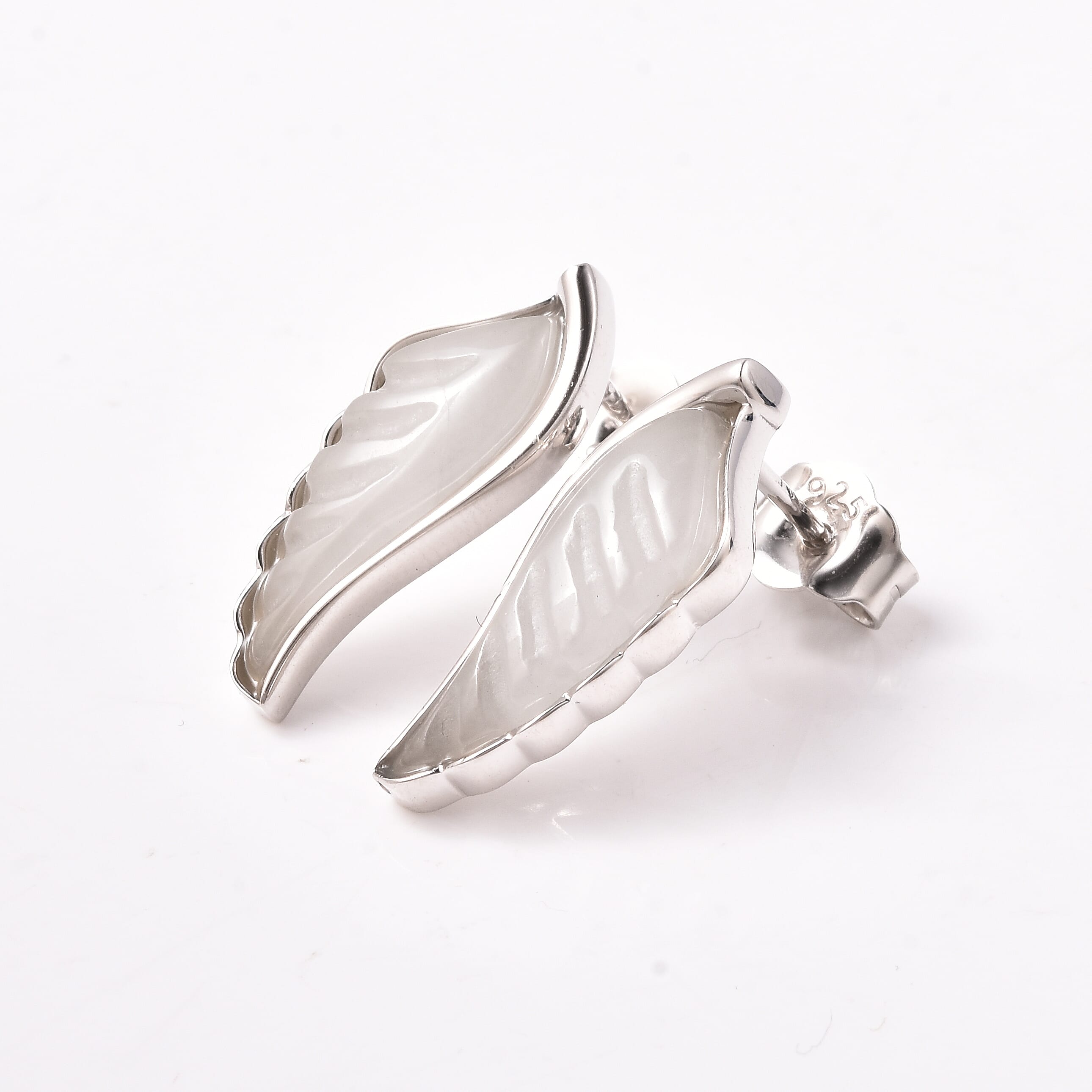 Isabella Liu Angel Wing Collection - Carved White Jade Earrings (with Push Back) in Rhodium Overlay Sterling Silver 6.86 Ct.