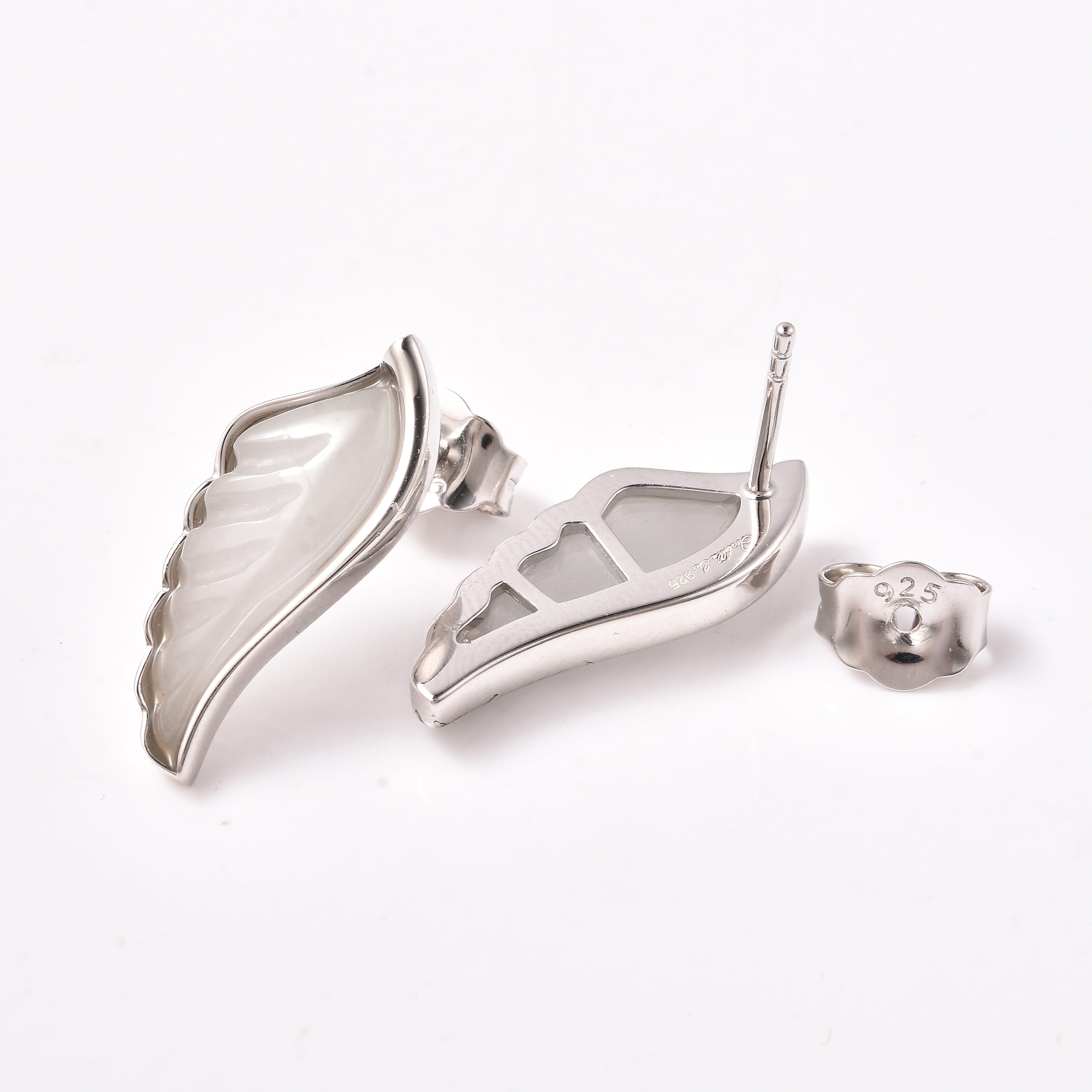 Isabella Liu Angel Wing Collection - Carved White Jade Earrings (with Push Back) in Rhodium Overlay Sterling Silver 6.86 Ct.