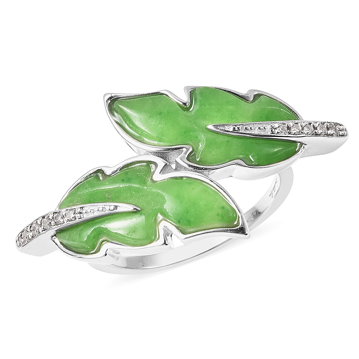 Isabella Liu Leaf Collection - Carved Green Jade and Natural Cambodian Zircon Leaf Bypass Ring in Rhodium Overlay Sterling Silver 6.44 Ct.
