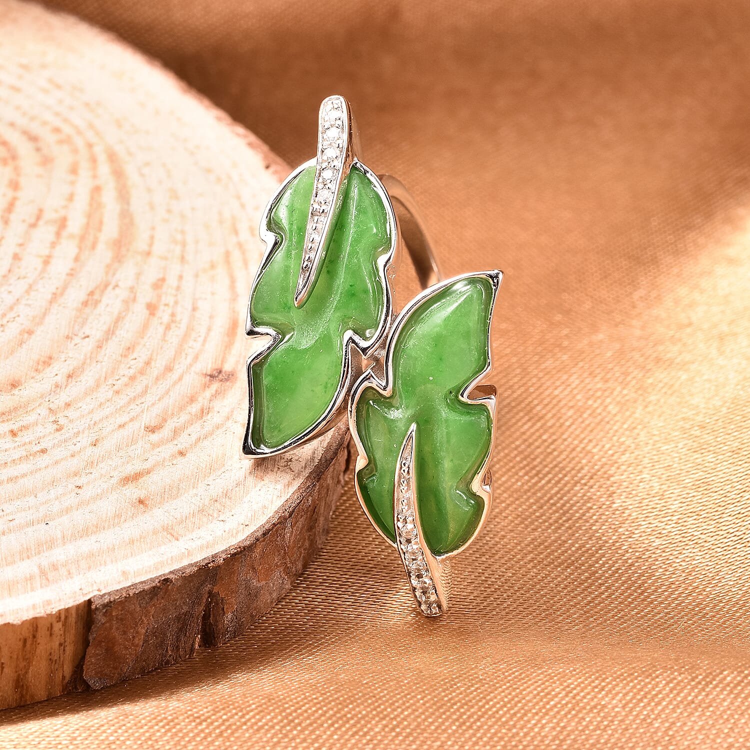 Isabella Liu Leaf Collection - Carved Green Jade and Natural Cambodian Zircon Leaf Bypass Ring in Rhodium Overlay Sterling Silver 6.44 Ct.