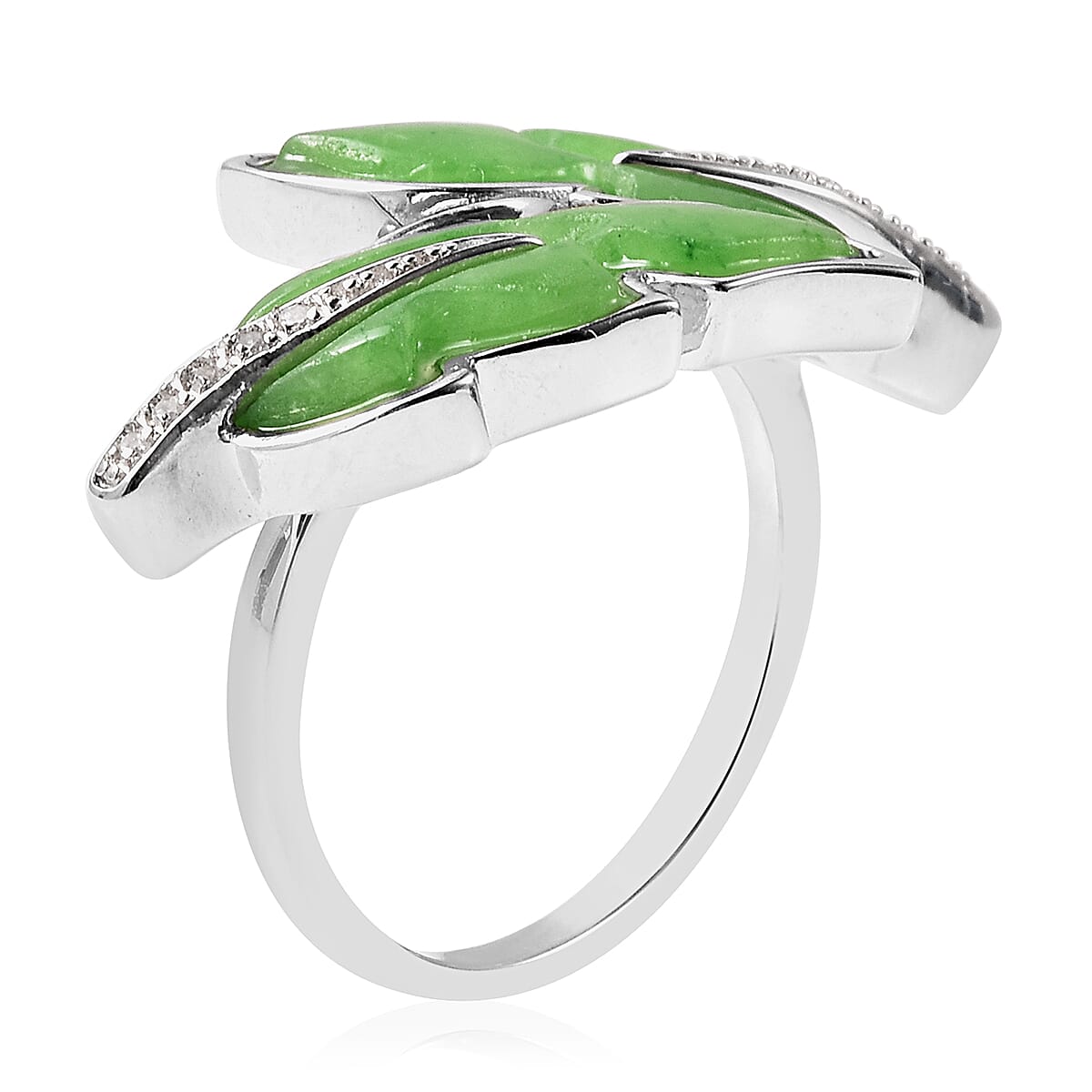 Isabella Liu Leaf Collection - Carved Green Jade and Natural Cambodian Zircon Leaf Bypass Ring in Rhodium Overlay Sterling Silver 6.44 Ct.