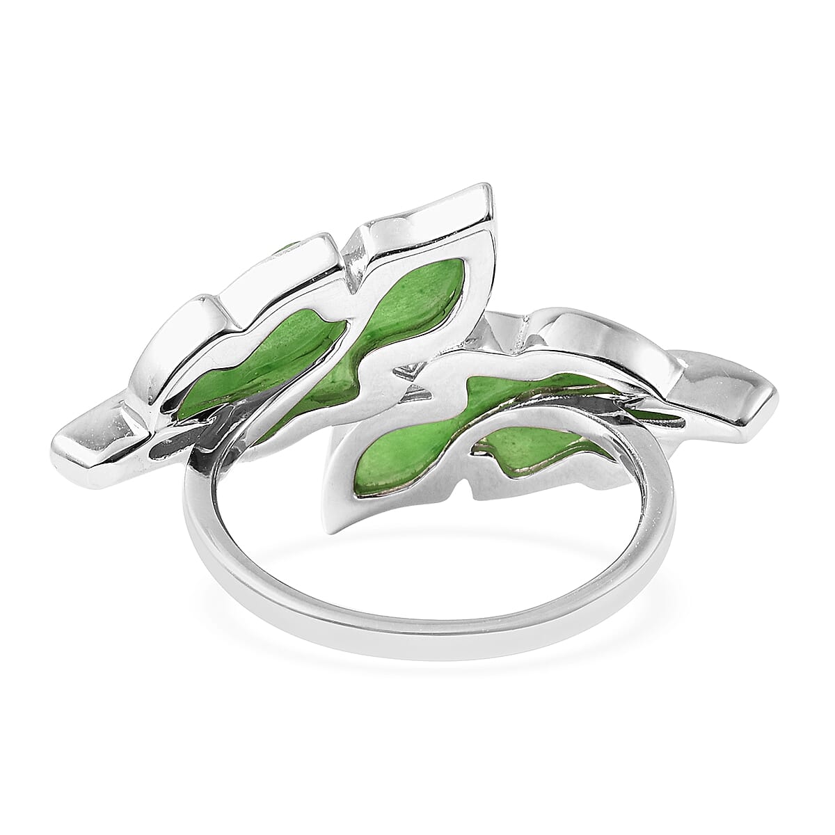 Isabella Liu Leaf Collection - Carved Green Jade and Natural Cambodian Zircon Leaf Bypass Ring in Rhodium Overlay Sterling Silver 6.44 Ct.