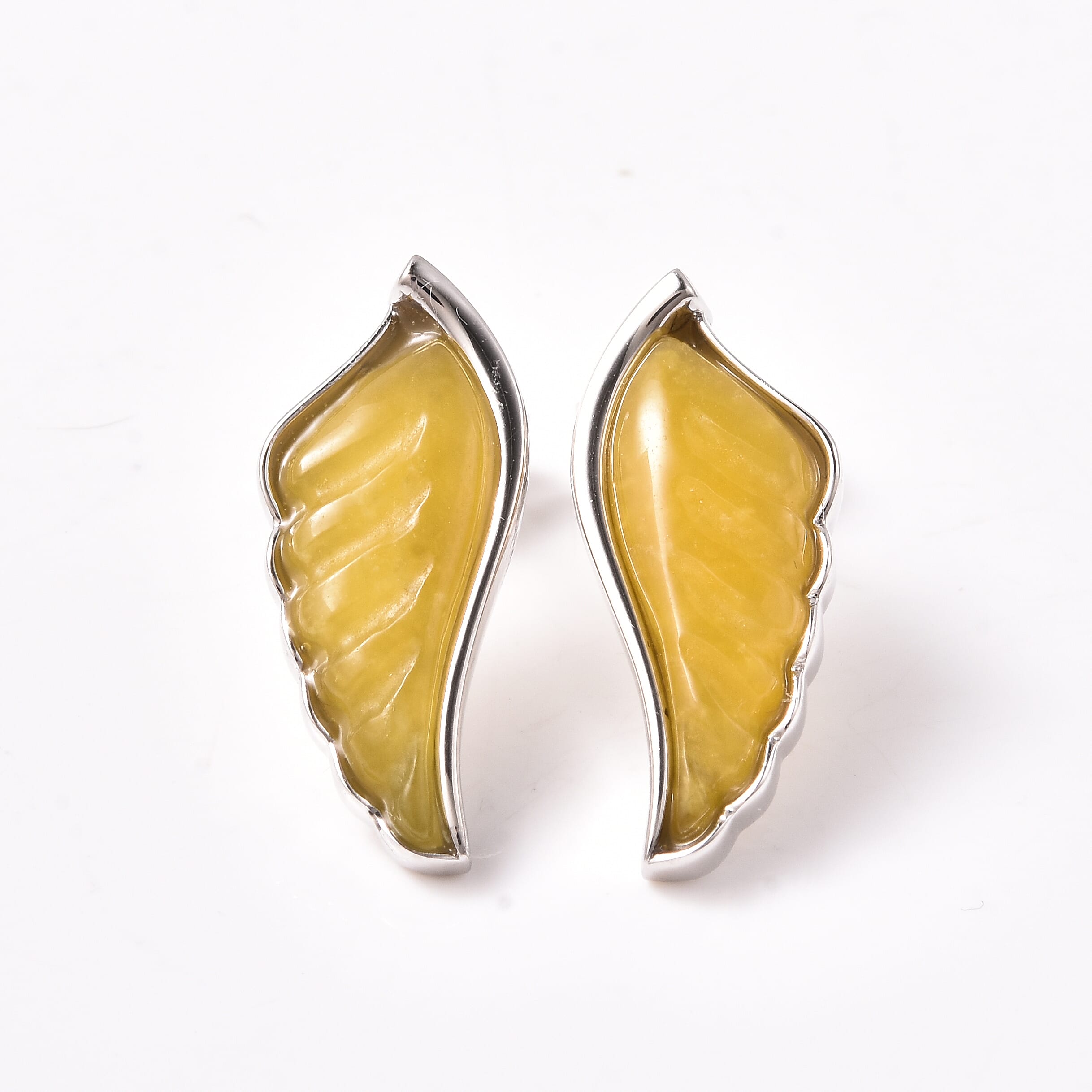 Isabella Liu Angel Wing Collection - Carved Yellow Jade Earrings (with Push Back) in Rhodium Overlay Sterling Silver 7.04 Ct.