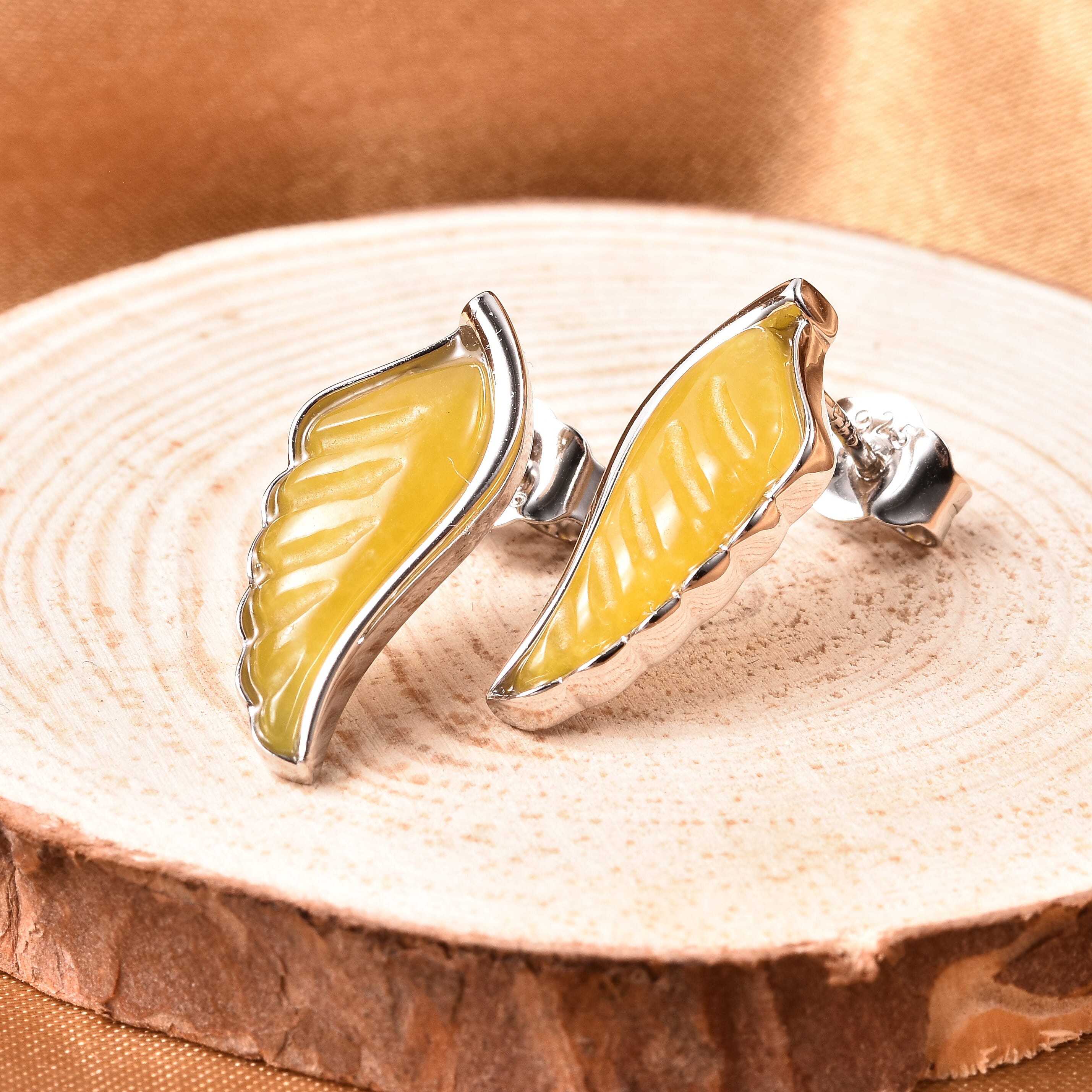 Isabella Liu Angel Wing Collection - Carved Yellow Jade Earrings (with Push Back) in Rhodium Overlay Sterling Silver 7.04 Ct.