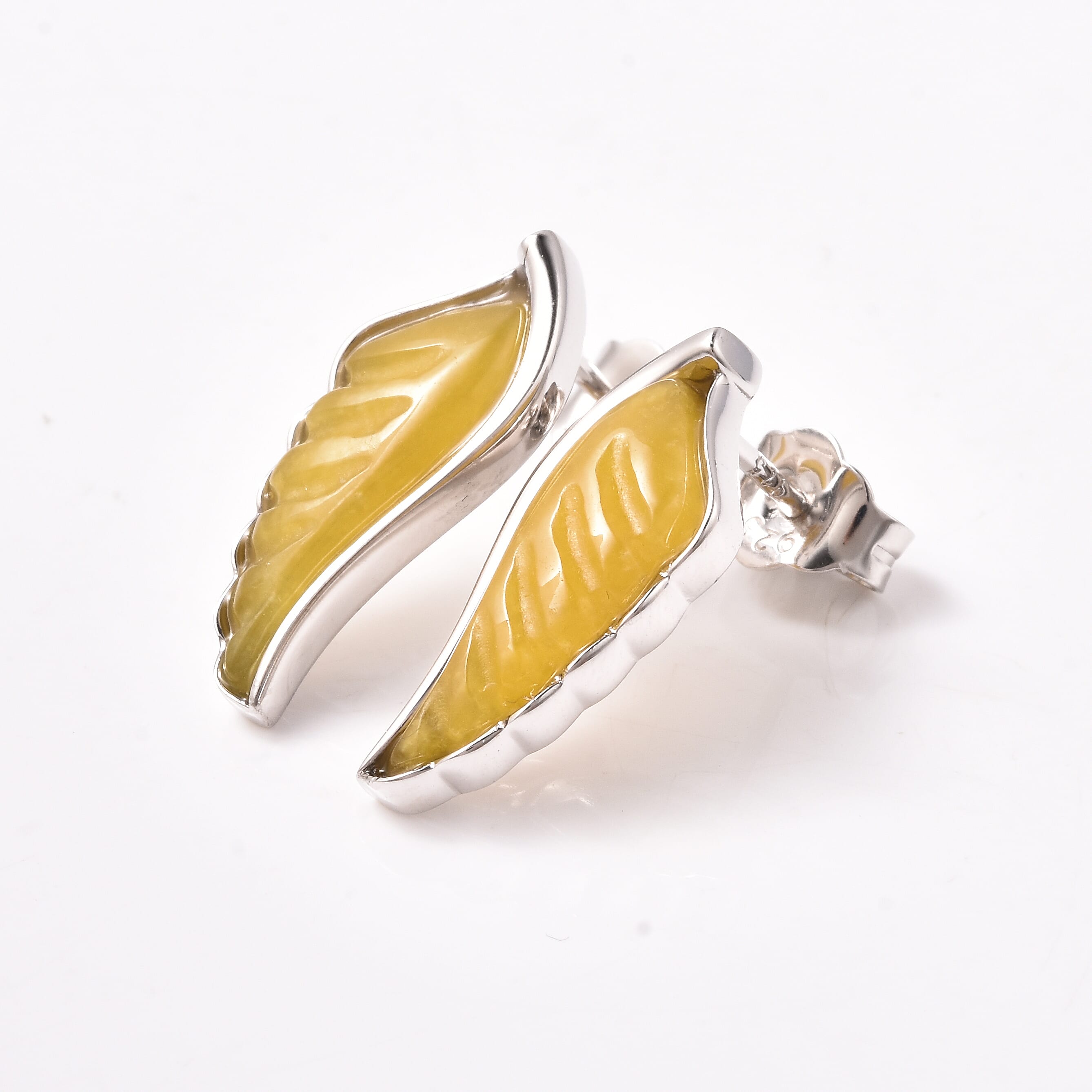 Isabella Liu Angel Wing Collection - Carved Yellow Jade Earrings (with Push Back) in Rhodium Overlay Sterling Silver 7.04 Ct.