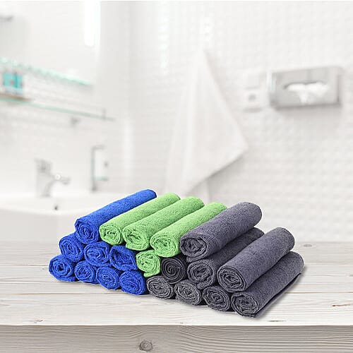 Set of 20 - Multi Purpose Microfibre Cloths (40x40cm) in Blue (8pcs), Dark Grey (8pcs) and Green (4pcs)