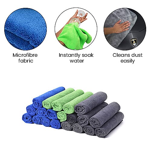 Set of 20 - Multi Purpose Microfibre Cloths (40x40cm) in Blue (8pcs), Dark Grey (8pcs) and Green (4pcs)