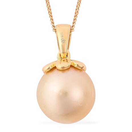 Galatea Pearl - Golden South Sea Pearl Pendant with Chain (Size - 20) in 18K Vermeil Yellow Gold Plated Sterling Silver 9.25 Ct