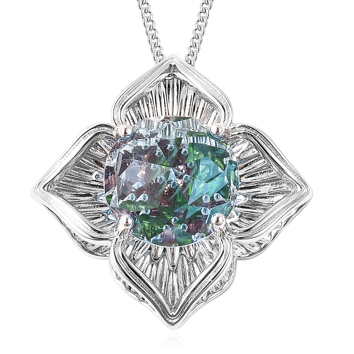 Galatea DavinChi Cut Collection - Blue Topaz, Chrome Diopside and Mozambique Garnet Pendant with Chain (Size 18) in Rhodium Overlay Sterling Silver 4.00 Ct.