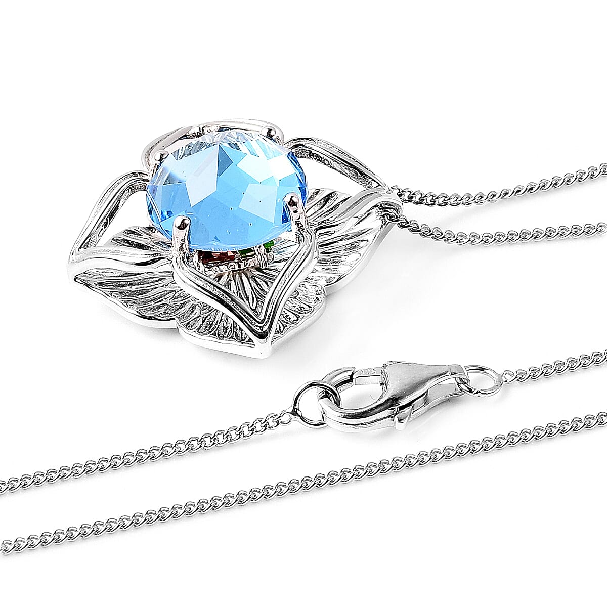 Galatea DavinChi Cut Collection - Blue Topaz, Chrome Diopside and Mozambique Garnet Pendant with Chain (Size 18) in Rhodium Overlay Sterling Silver 4.00 Ct.