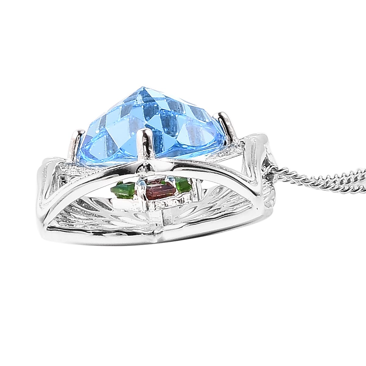 Galatea DavinChi Cut Collection - Blue Topaz, Chrome Diopside and Mozambique Garnet Pendant with Chain (Size 18) in Rhodium Overlay Sterling Silver 4.00 Ct.