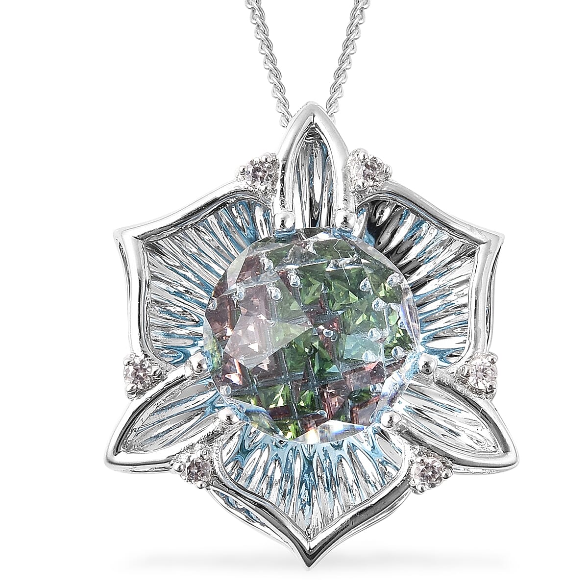 Galatea DavinChi Cut Collection - Blue Topaz, Chrome Diopside, Natural Cambodian Zircon and Mozambique Garnet Pendant with Chain (Size 18) in Rhodium Overlay Sterling Silver 4.31 Ct.