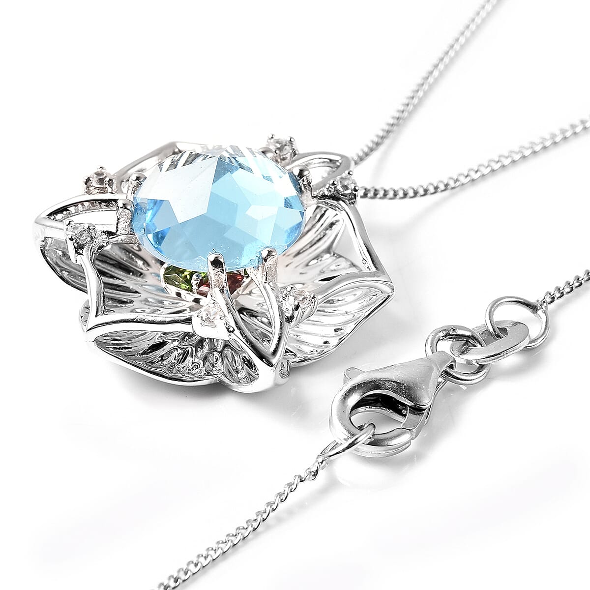 Galatea DavinChi Cut Collection - Blue Topaz, Chrome Diopside, Natural Cambodian Zircon and Mozambique Garnet Pendant with Chain (Size 18) in Rhodium Overlay Sterling Silver 4.31 Ct.