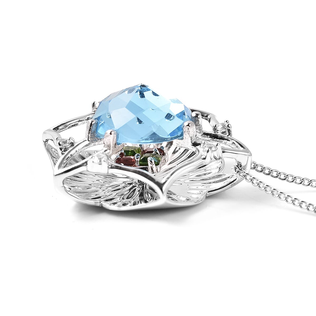 Galatea DavinChi Cut Collection - Blue Topaz, Chrome Diopside, Natural Cambodian Zircon and Mozambique Garnet Pendant with Chain (Size 18) in Rhodium Overlay Sterling Silver 4.31 Ct.