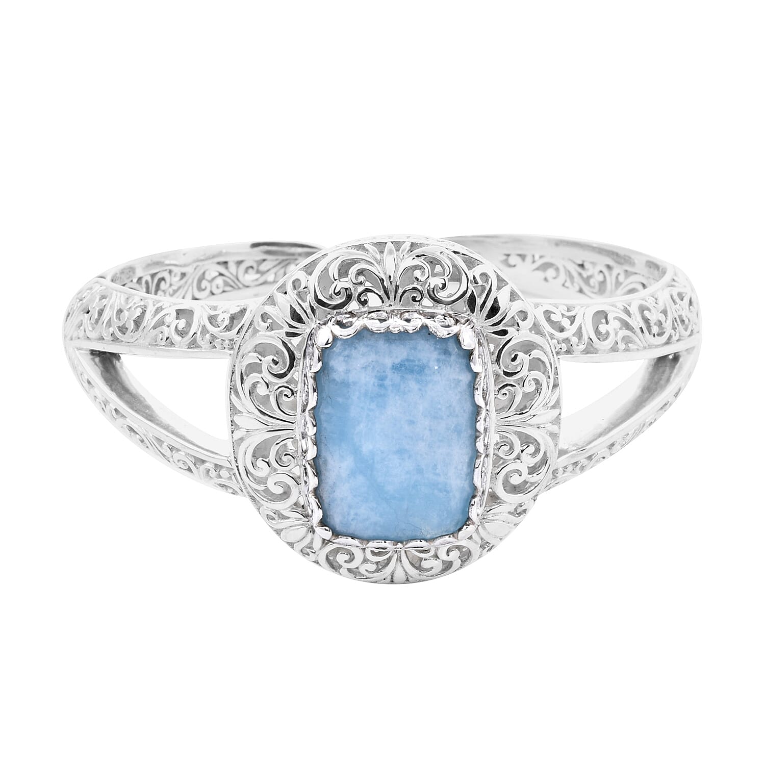 Royal Bali Collection- Aquamrine Bangle (Size 7.5) in Sterling Silver 28.81 Ct, Silver Wt 51.47 Gms