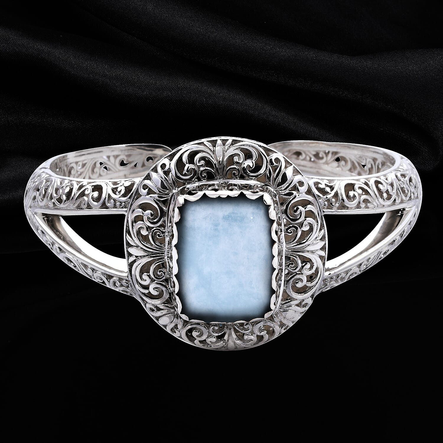 Royal Bali Collection- Aquamrine Bangle (Size 7.5) in Sterling Silver 28.81 Ct, Silver Wt 51.47 Gms