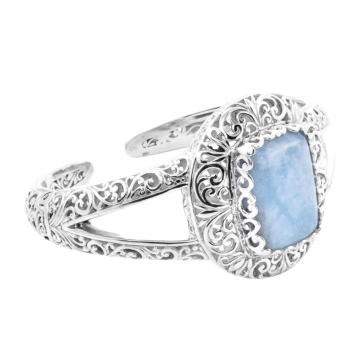 Royal Bali Collection- Aquamrine Bangle (Size 7.5) in Sterling Silver 28.81 Ct, Silver Wt 51.47 Gms