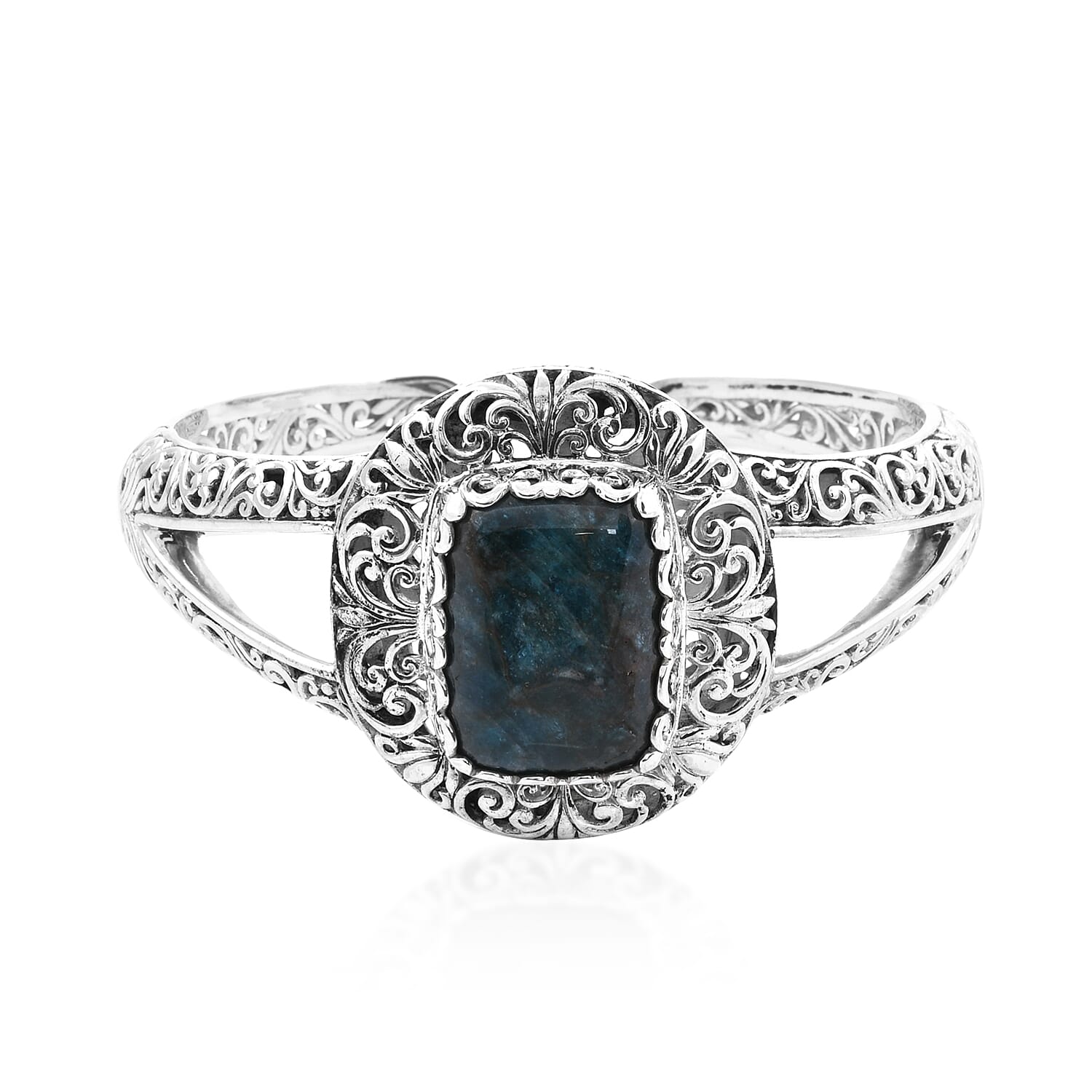 Royal Bali Collection- Neon Apatite Cuff Bangle (Size 7.5) in Sterling Silver 32.36 Ct, Silver Wt 51.92 Gms