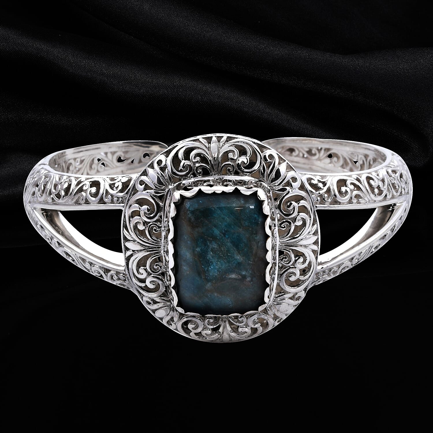 Royal Bali Collection- Neon Apatite Cuff Bangle (Size 7.5) in Sterling Silver 32.36 Ct, Silver Wt 51.92 Gms